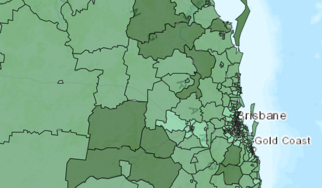 Green tiles on a map, representing Statistical Areas 2 in Queensland. The intensity of the green colour represents the degree of volunteering vulnerability.