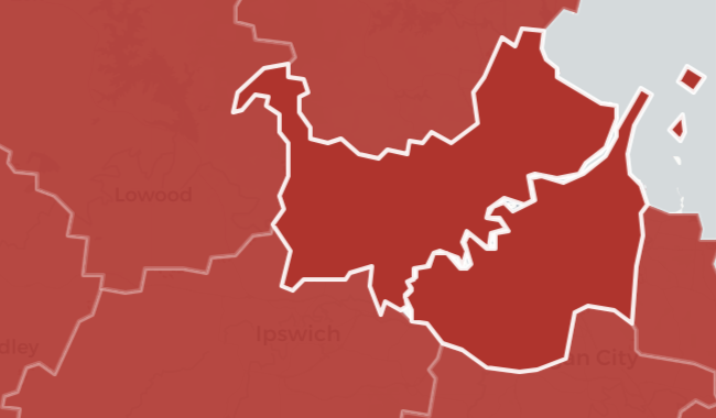 Red tiles on a map, representing Local Government Areas in Queensland. The LGA of Brisbane is highlighted in a darker red colour.