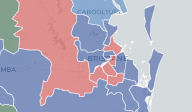 Background is a map of Commonwealth Electorates in Queensland, centered on Brisbane. Locality names, major roads and rivers can be seen. In the foreground, slightly transparent polygons represent each Electoral District. They are coloured by party; red represents the Labor Party, dark blue the Liberal Party, dark green the Nationals Party, and light blue the Liberal National Party of Queensland.