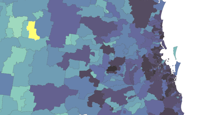 The coast of Queensland is shown. Each postcode in the picture is coloured from light green to dark blue to purple to black to represent the number of Australians claiming a tax deduction on a donation per postcode. Darker colours represent more persons donating. A single postcode is yellow, indicating that it has been selected.